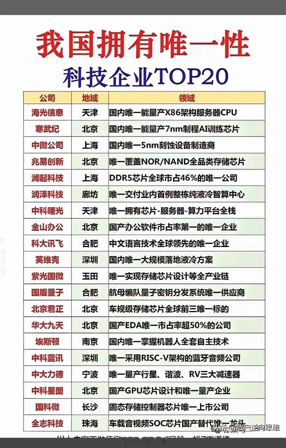 我国拥有唯一性：高科技企业TOP20！科技巨头，未来新星！唯一性，稀缺性，垄断性