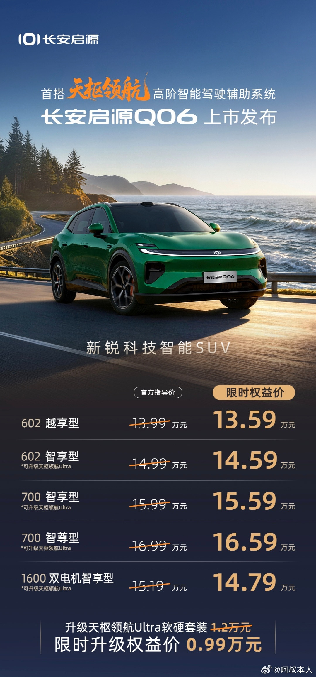 长安启源Q06上市限时权益价13.59万起，顶配才16.59万，4款纯电+1款增