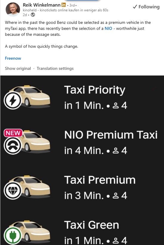 蔚来在欧洲豪华出租车里，开始把奔驰挤下去了。最近在FreeNow里看到一个