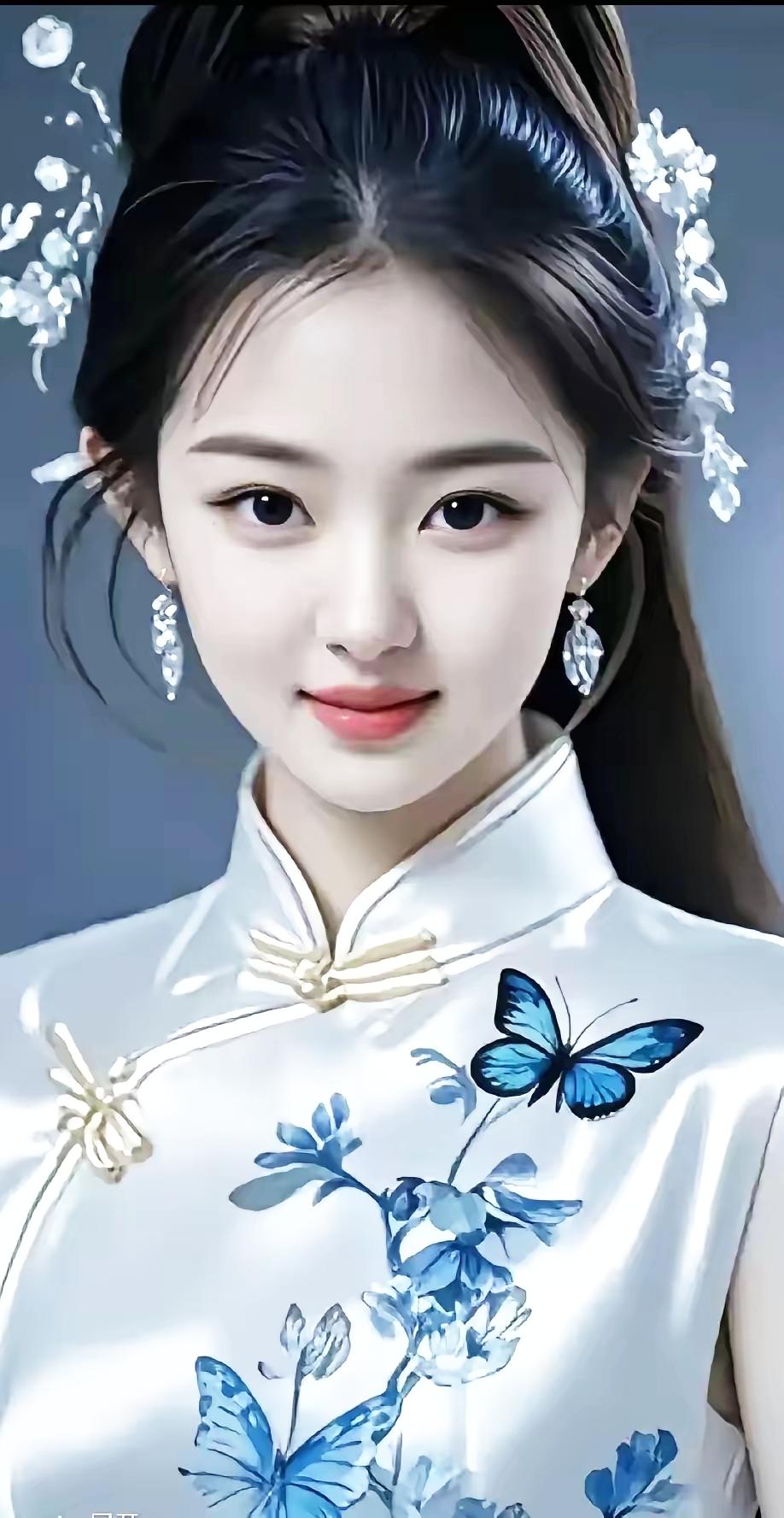 古典与现代的完美融合，蓝白相间的蝴蝶旗袍，尽显东方韵味。