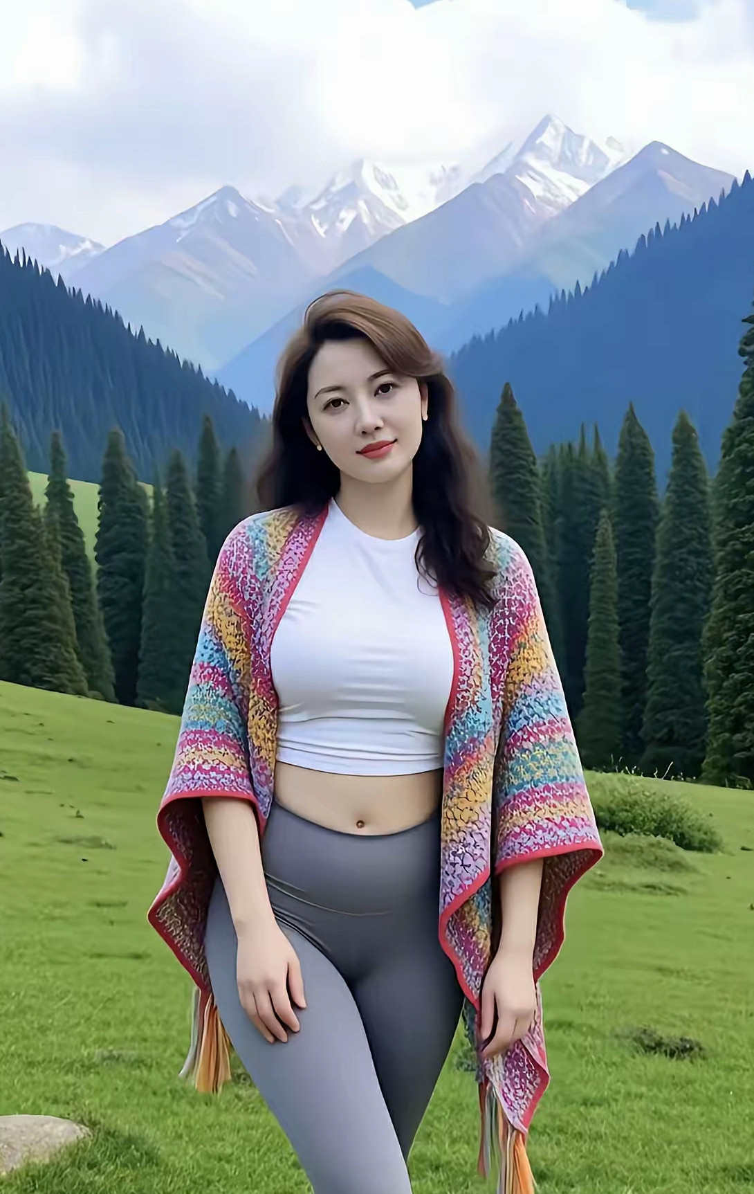 醉心自然绿野葱茏映目新，雪山巍峨耸嶙峋。松林叠翠连云汉，风缕轻拂动彩巾。披肩漫舞