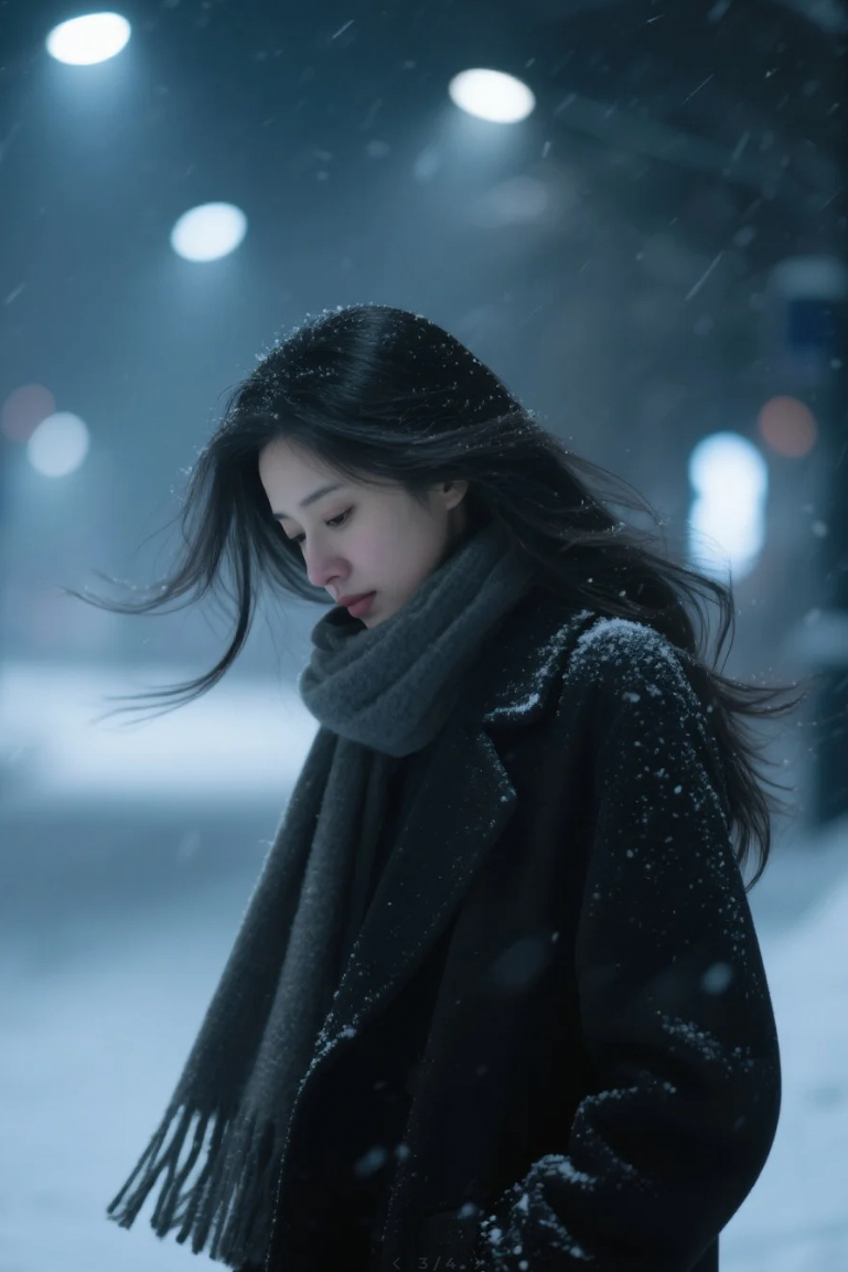 雪舞夜色，发梢轻拂面颊，她在灯火阑珊处悄然低语