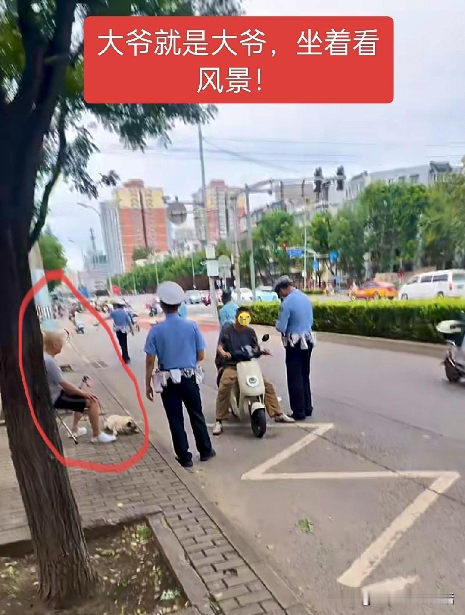 这大爷估计是退休了吧！路口交警在查电动车，骑车的小伙子被拦下来，正配合检查。旁