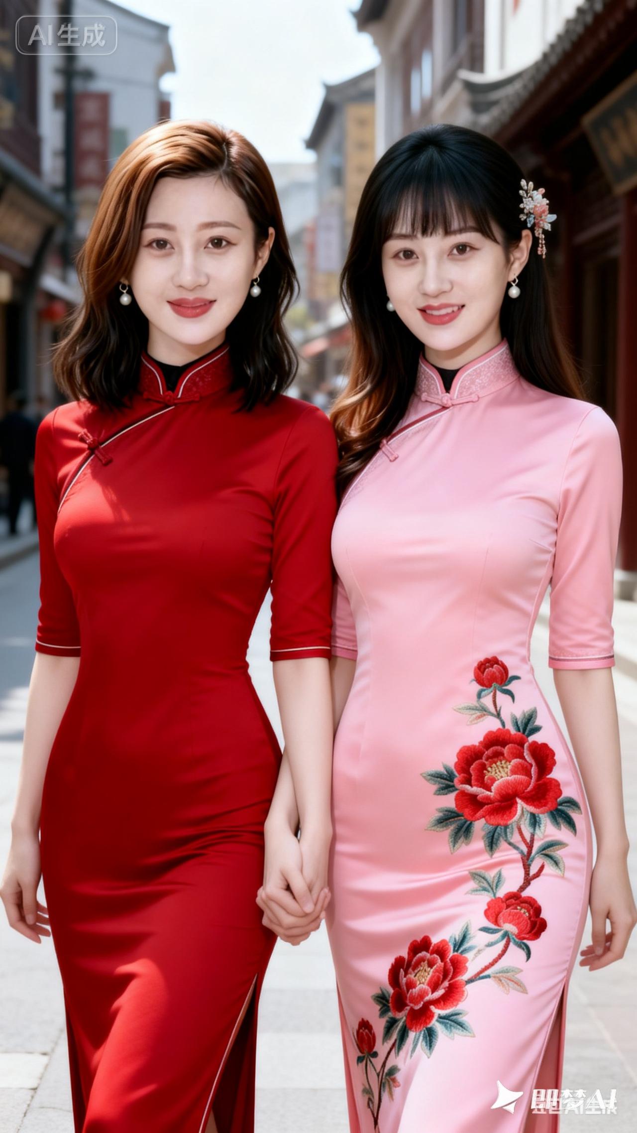 闺蜜穿搭指南：红粉相映，古风街拍