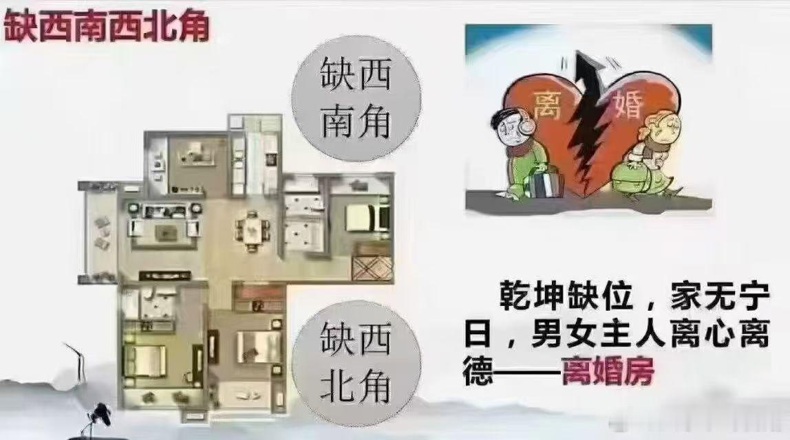 户型西南缺角（坤位破损漏女主财库）西南坤位为女主人专属财库根基，户型此处大面积缺角，土气亏虚存不住钱