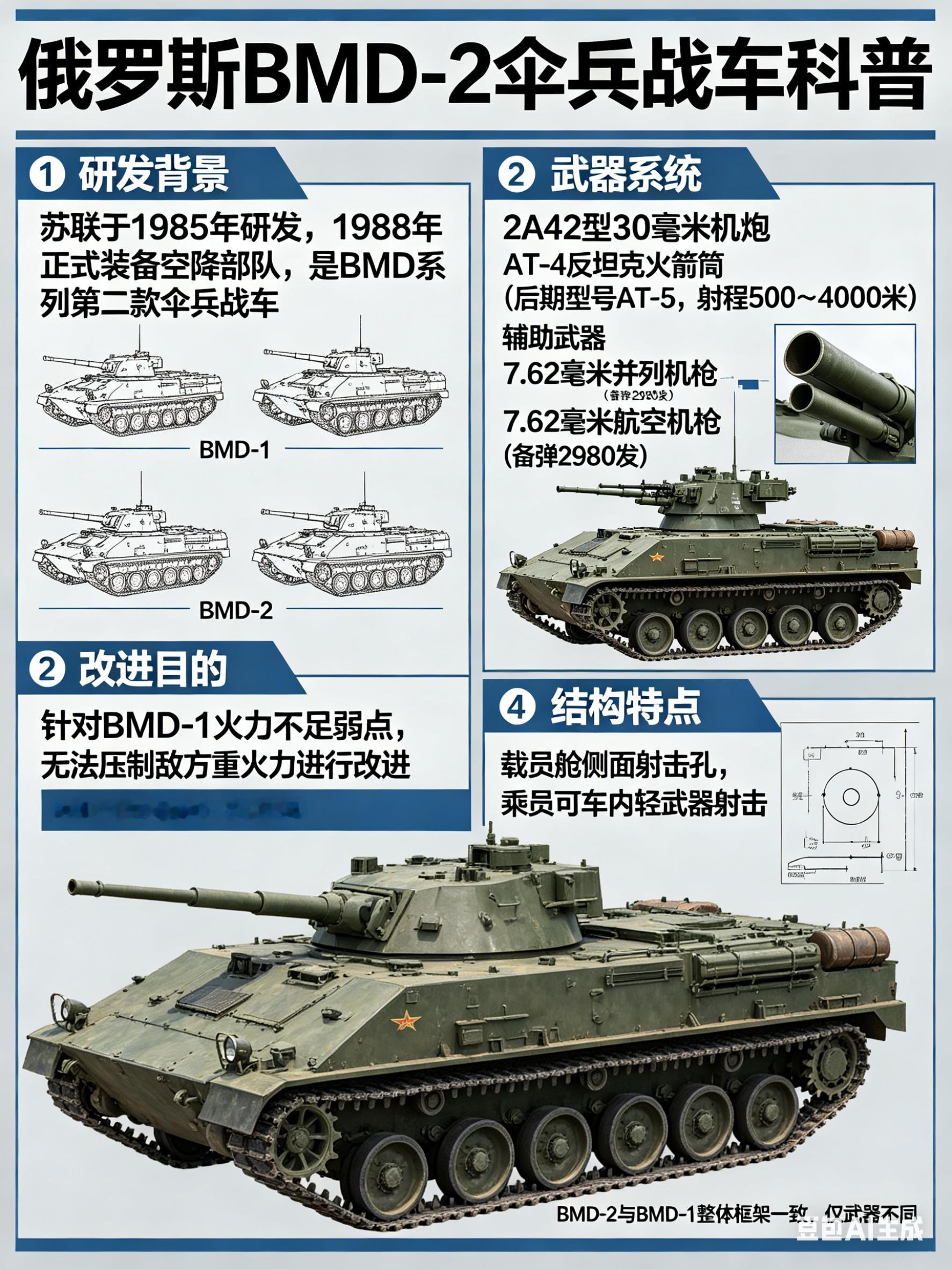 军事ai新视野俄罗斯BMD-2伞兵战车BMD-2是苏联于1985年研发，198