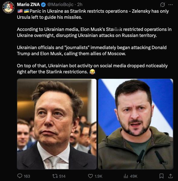 为了帮助特朗普逼迫乌克兰向俄罗斯割地投降，马斯克开始限制乌克兰使用星链，如果特朗
