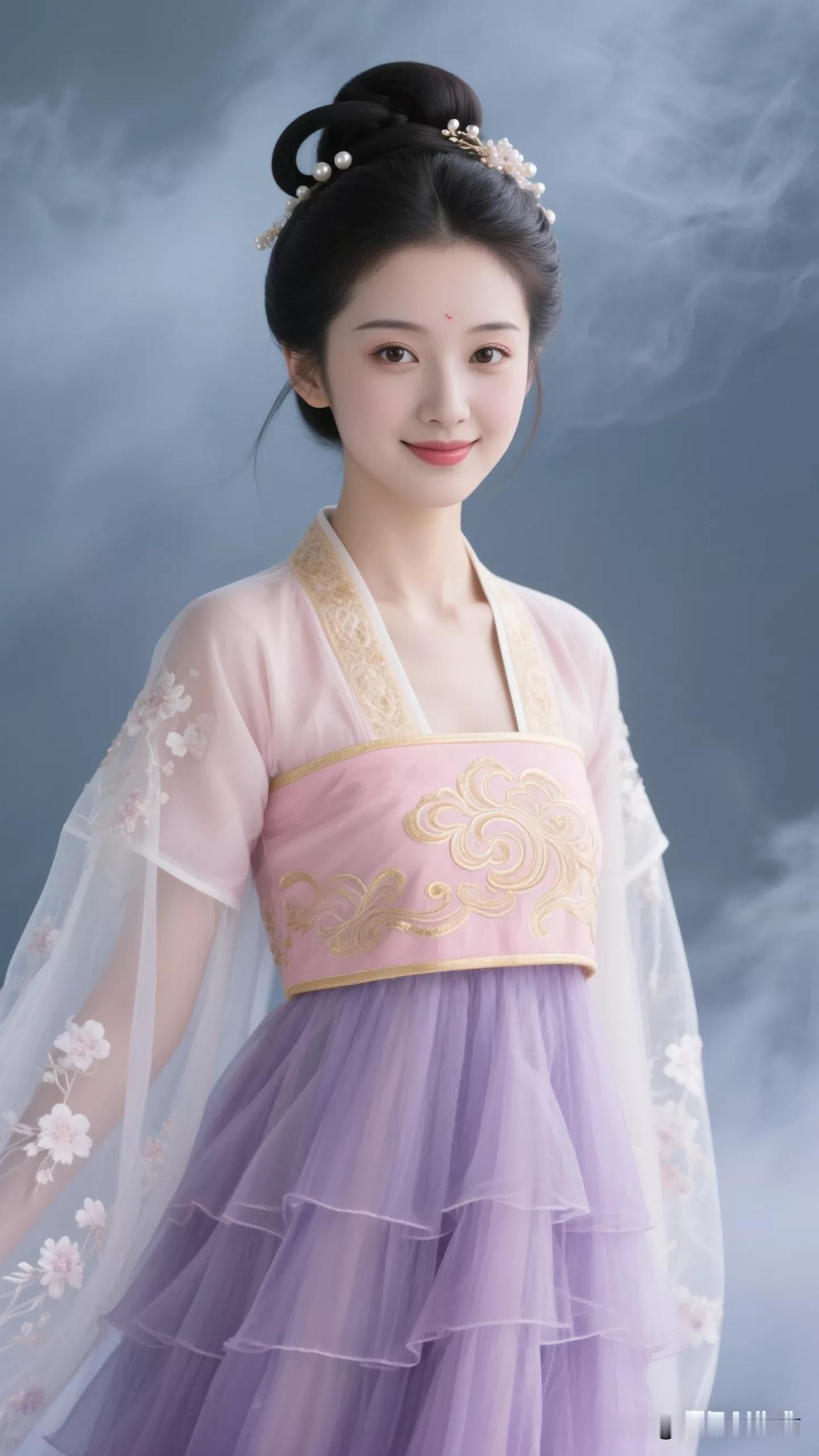 古风少女，粉黛轻妆，云雾缭绕，仙气飘飘张立启原创书画AI作品古仕女发髻服饰集锦首