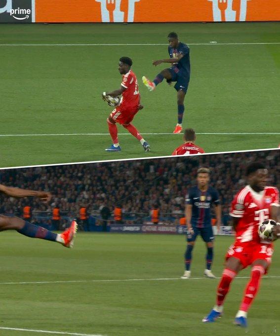 巴黎圣日耳曼5比4拜仁慕尼黑这个球判点球，有些过于严厉了。球是先打在腿上，反弹