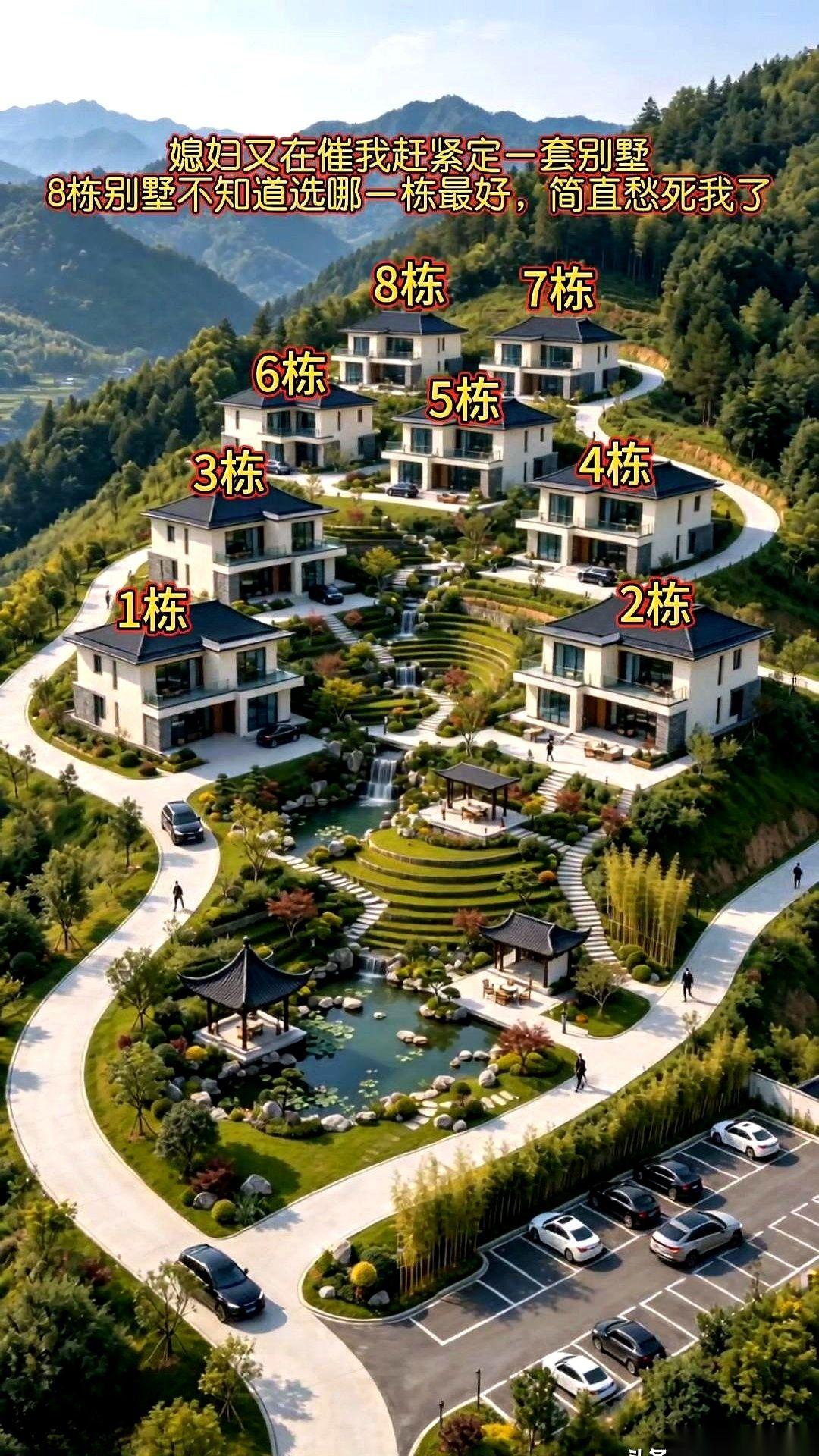 一张皱巴巴的别墅分布图，你在手里来回搓了半个小时。这8栋排在半山坡的房子，选哪套