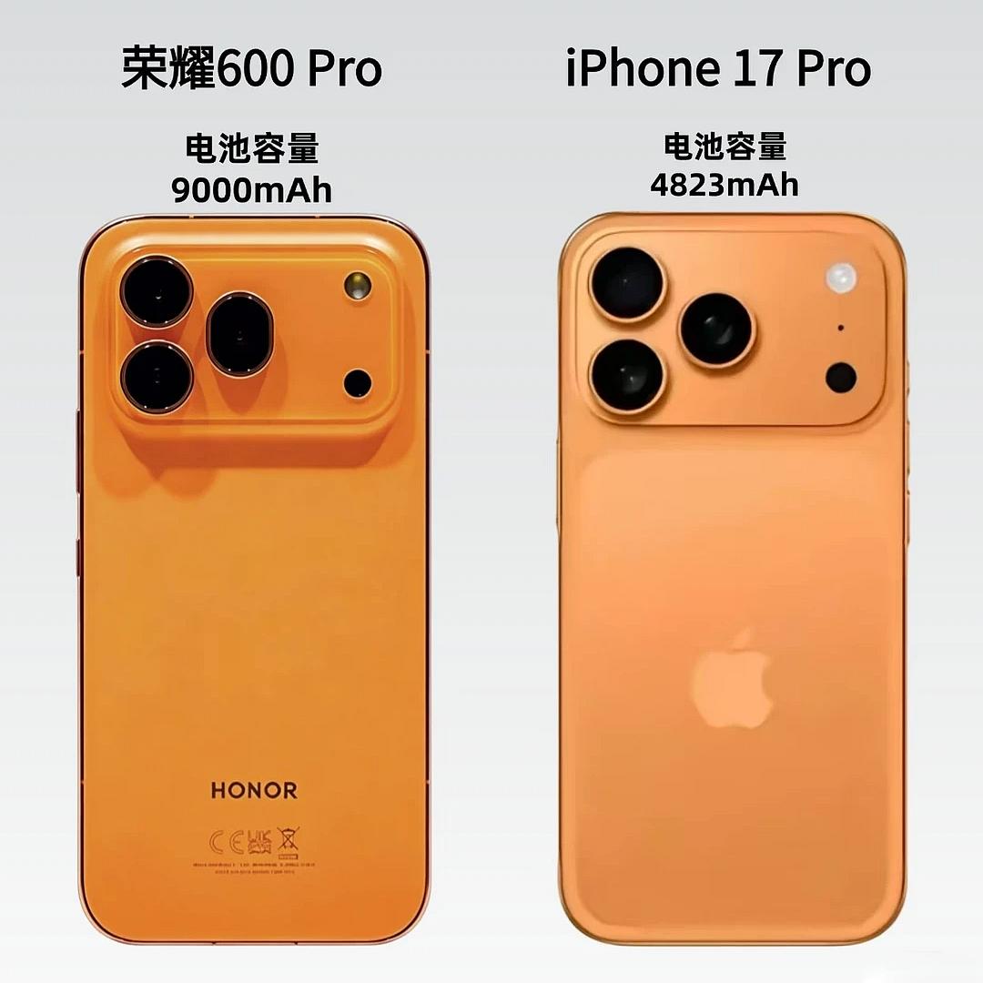 机身尺寸差不多一样大，没想到荣耀600Pro的电池容量接近iPhone17P