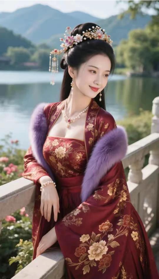 湖畔佳丽美娇容，千娇百媚显风情。眉似春山含远黛，眸若秋水映繁星。