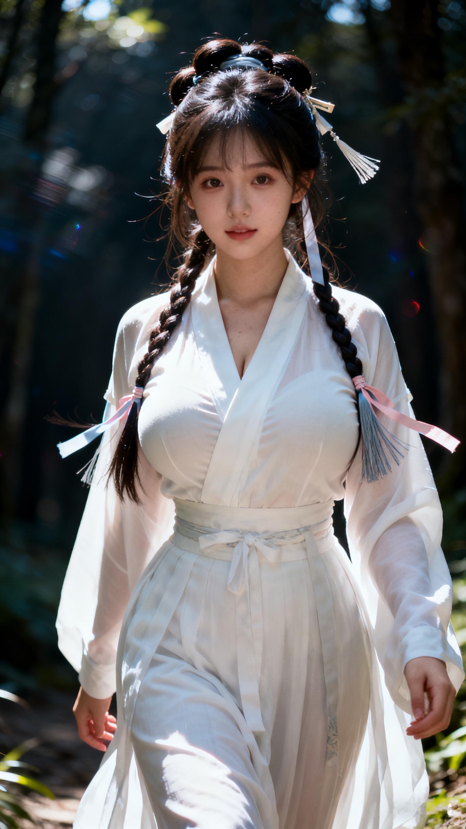 古风少女漫步森林，白衣飘飘，仙气十足