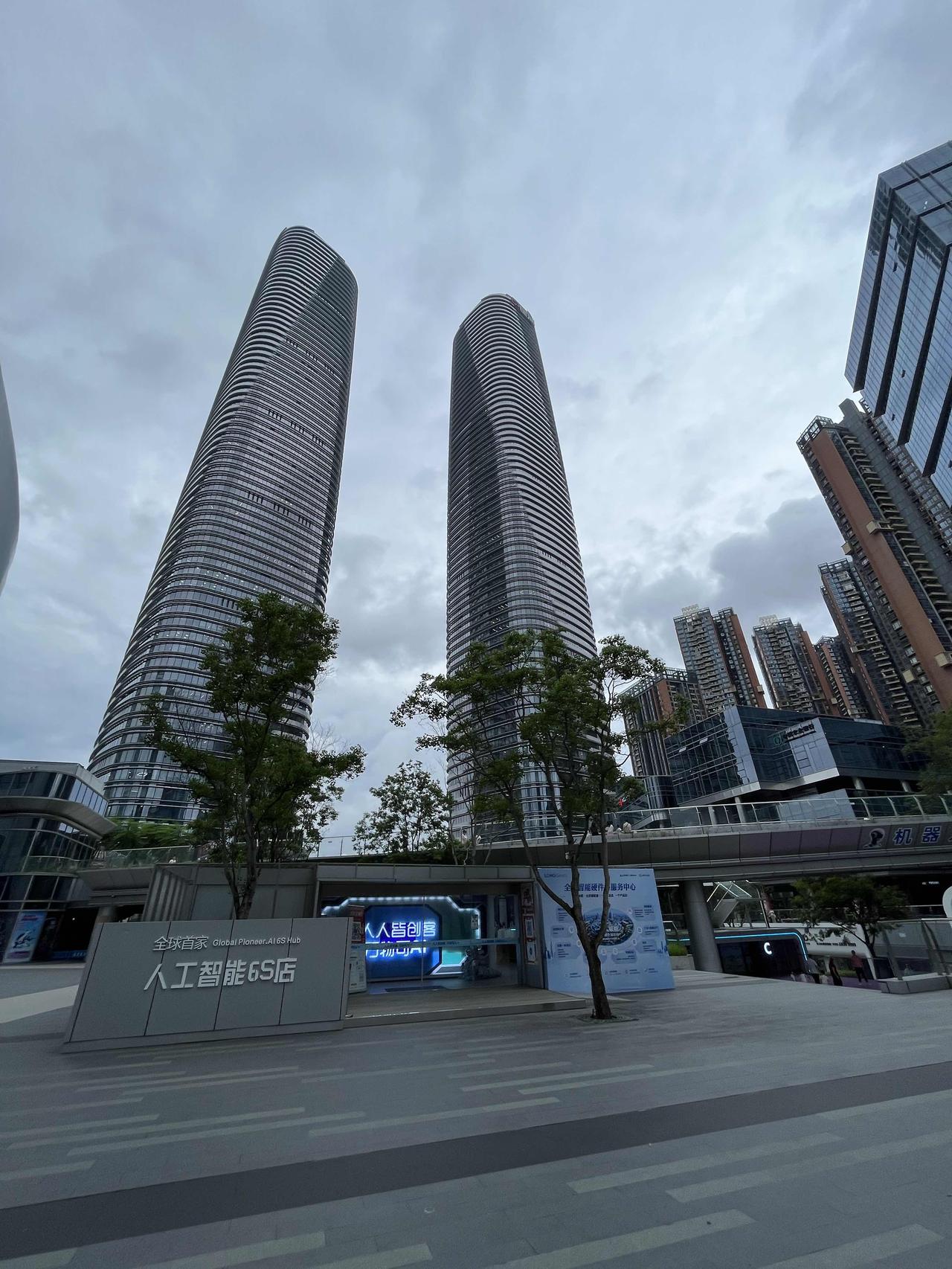 深圳的双子塔大楼，那可是城市的标志性建筑。它高耸入云，外观时尚现代，就像两个巨人