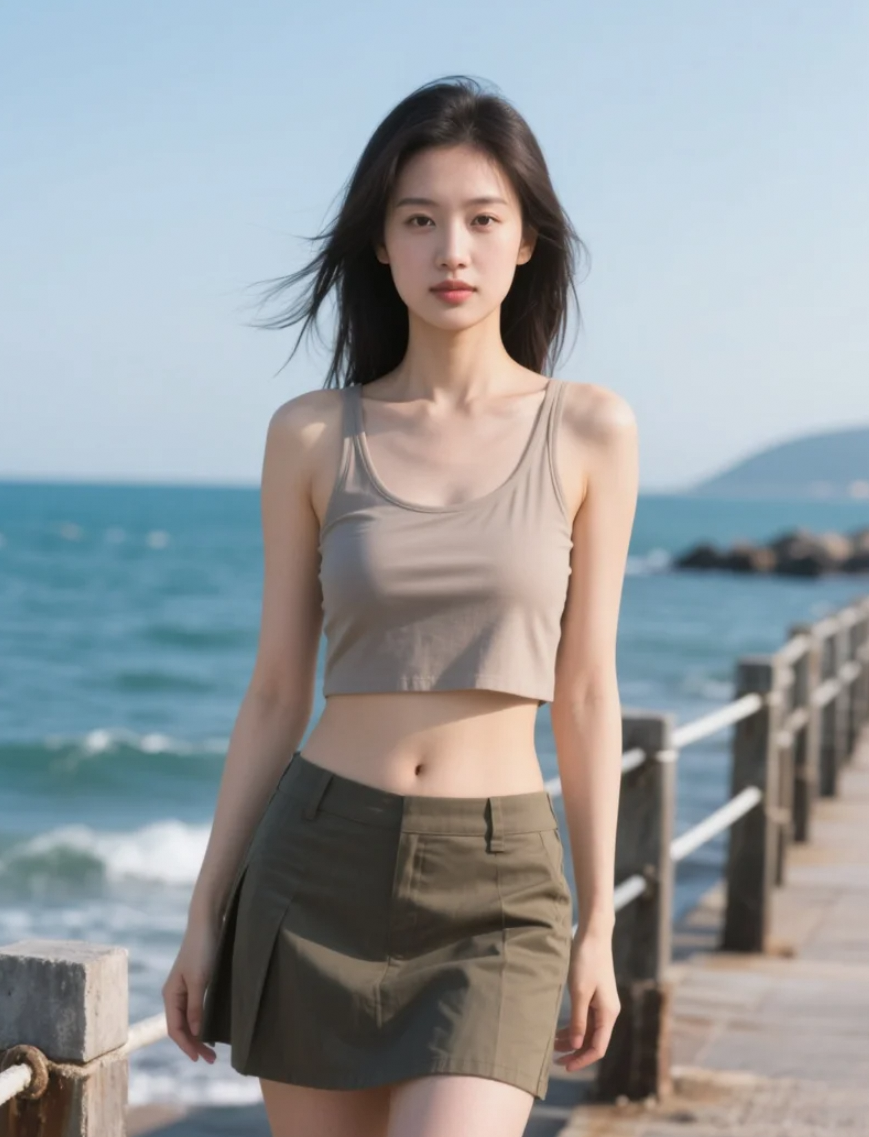 栈道上的亚洲美女，在海风中展现自然魅力