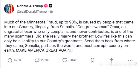 【黄金时代】川普直言，明尼苏达90%的欺诈案是索马里人干的川普：明尼苏达州高达9