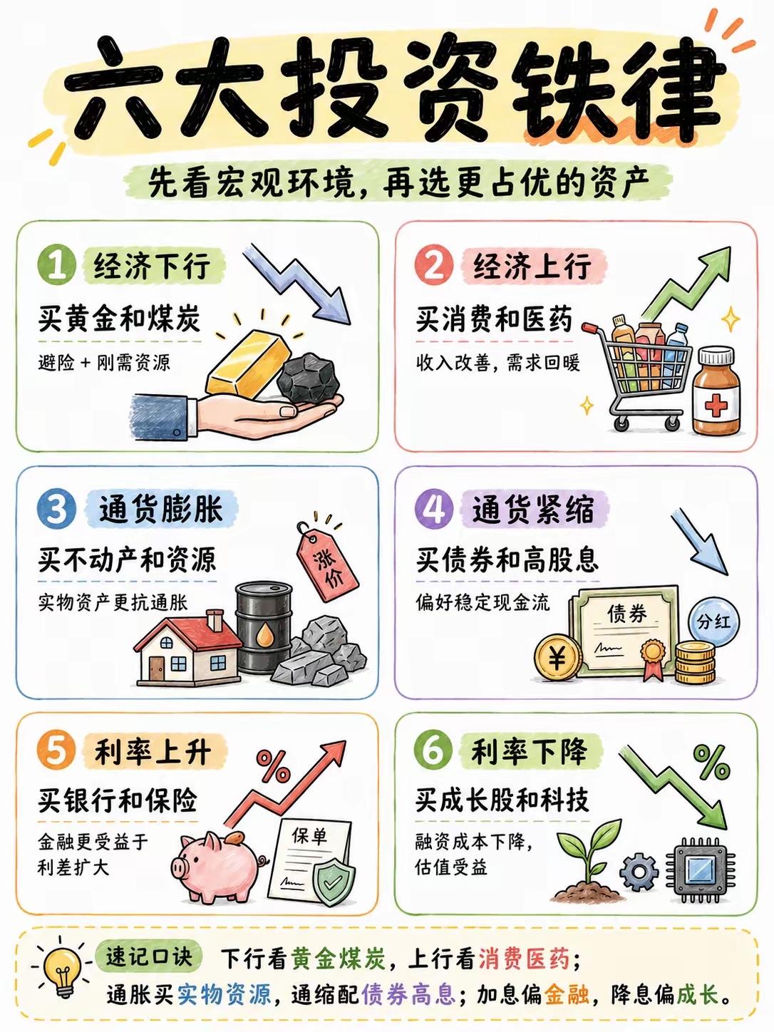 六大经济规律下：投资方向选择！[爱心]1.经济下行：市场避险需求提升，配置黄