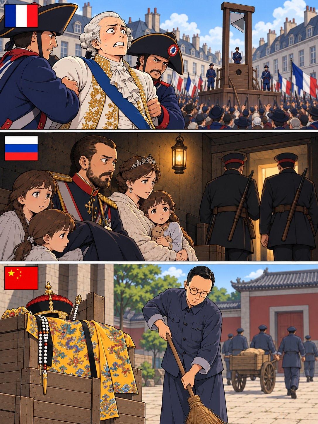 各国处理末代君主方式法国大革命时期，路易十六被送上断头台，公开处决。矛盾彻底爆