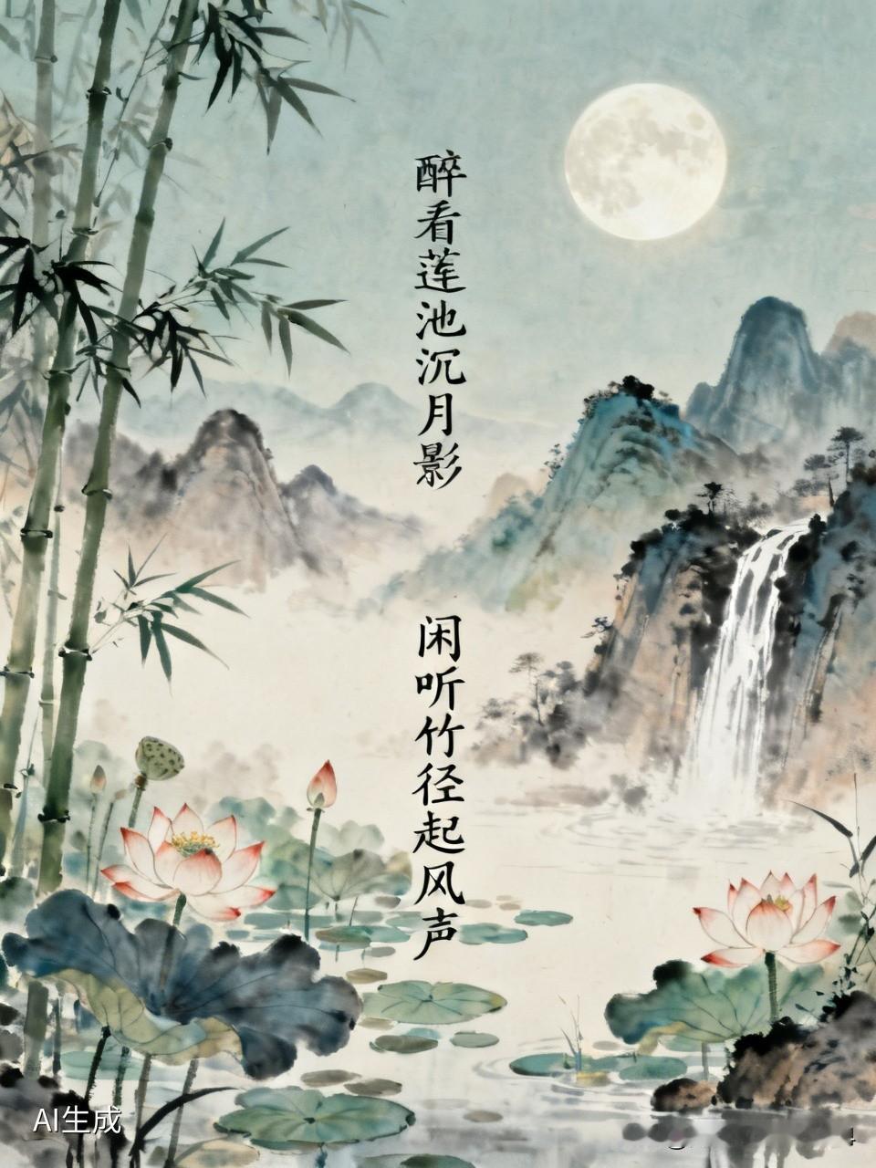 上联：醉看莲池沉月影，诚邀下联，闲听竹径起风声！