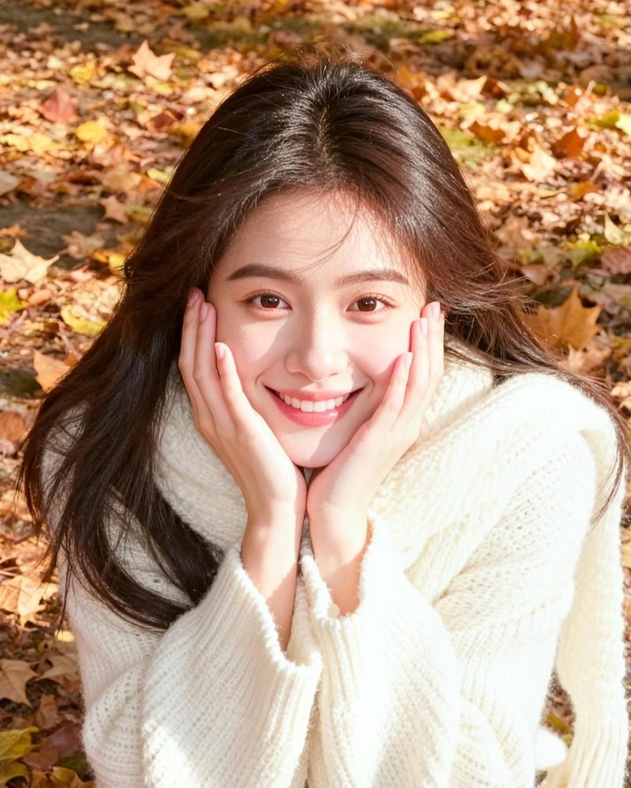 光之影秋日暖阳下，甜美笑容绽放，落叶中享受美好时光。🍂😊