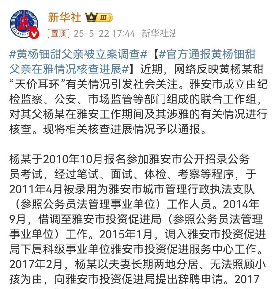 官方通报，黄杨钿甜爸爸被立案调查，解读一下，两项罪名一个是违规开公司，还有一个