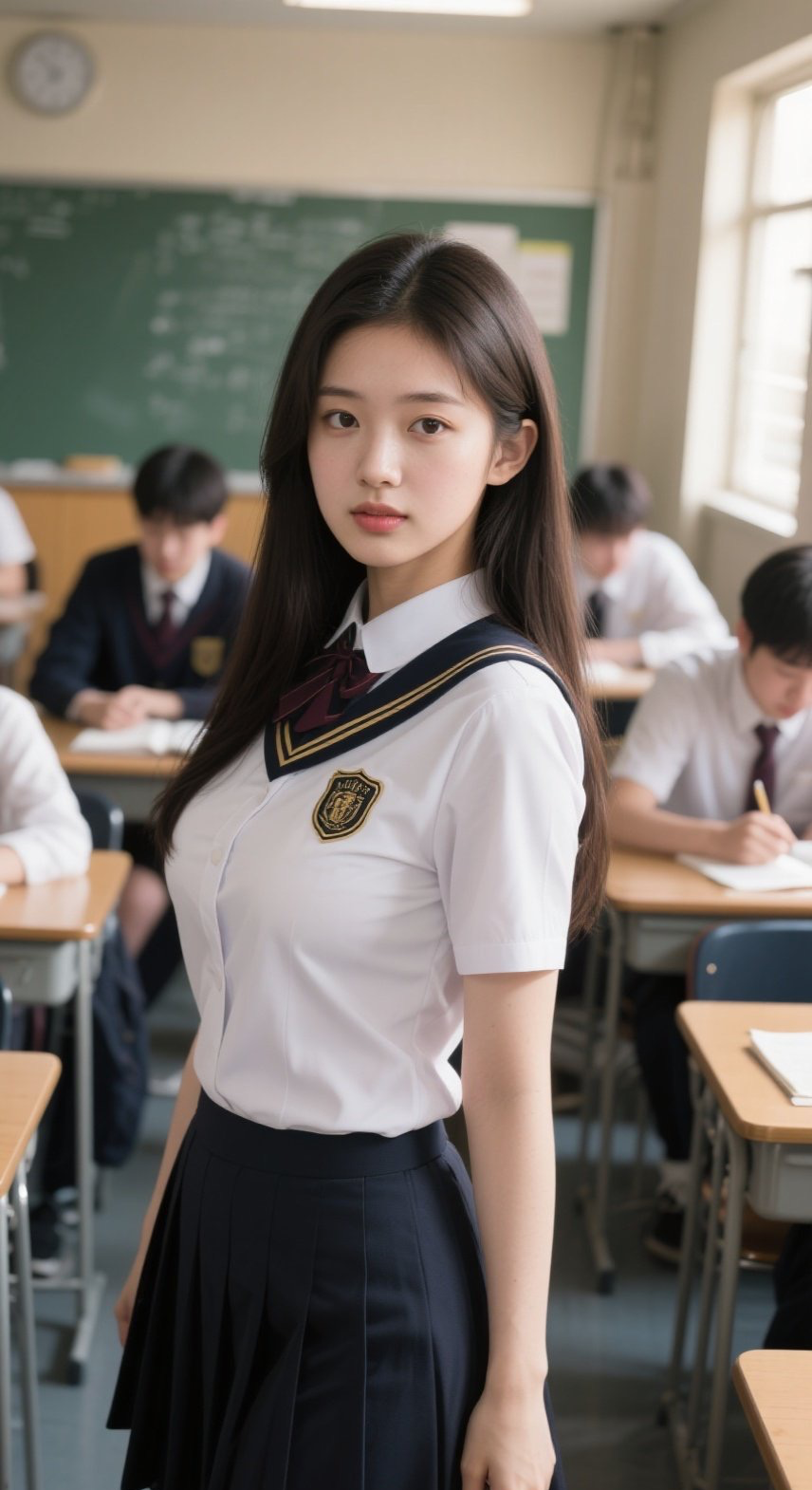 学院风少女写真，百褶裙摆藏青春