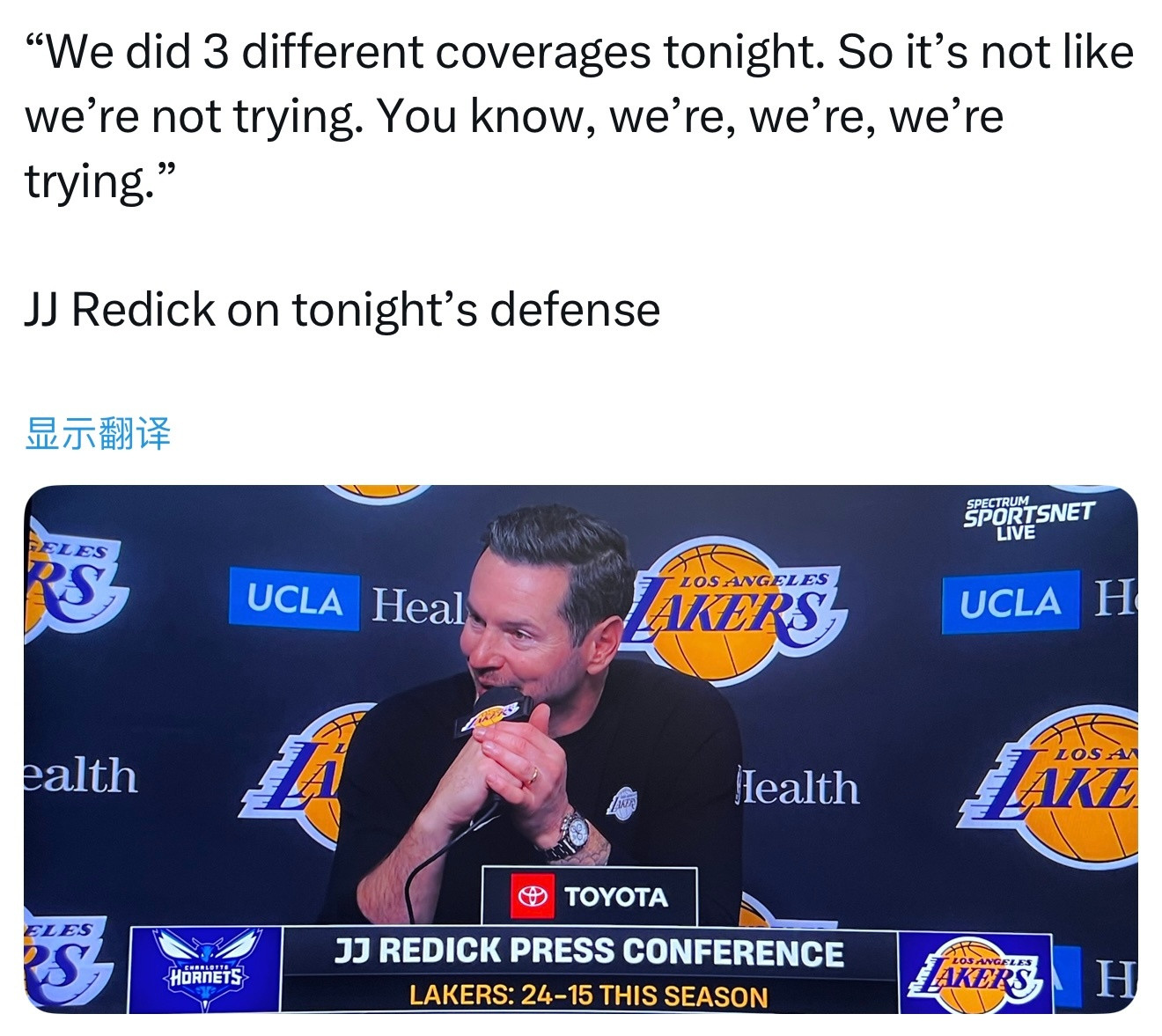 雷迪克谈今天的防守：“我们今晚尝试了三种不同的防守策略。所以并不是我们没有尽力。