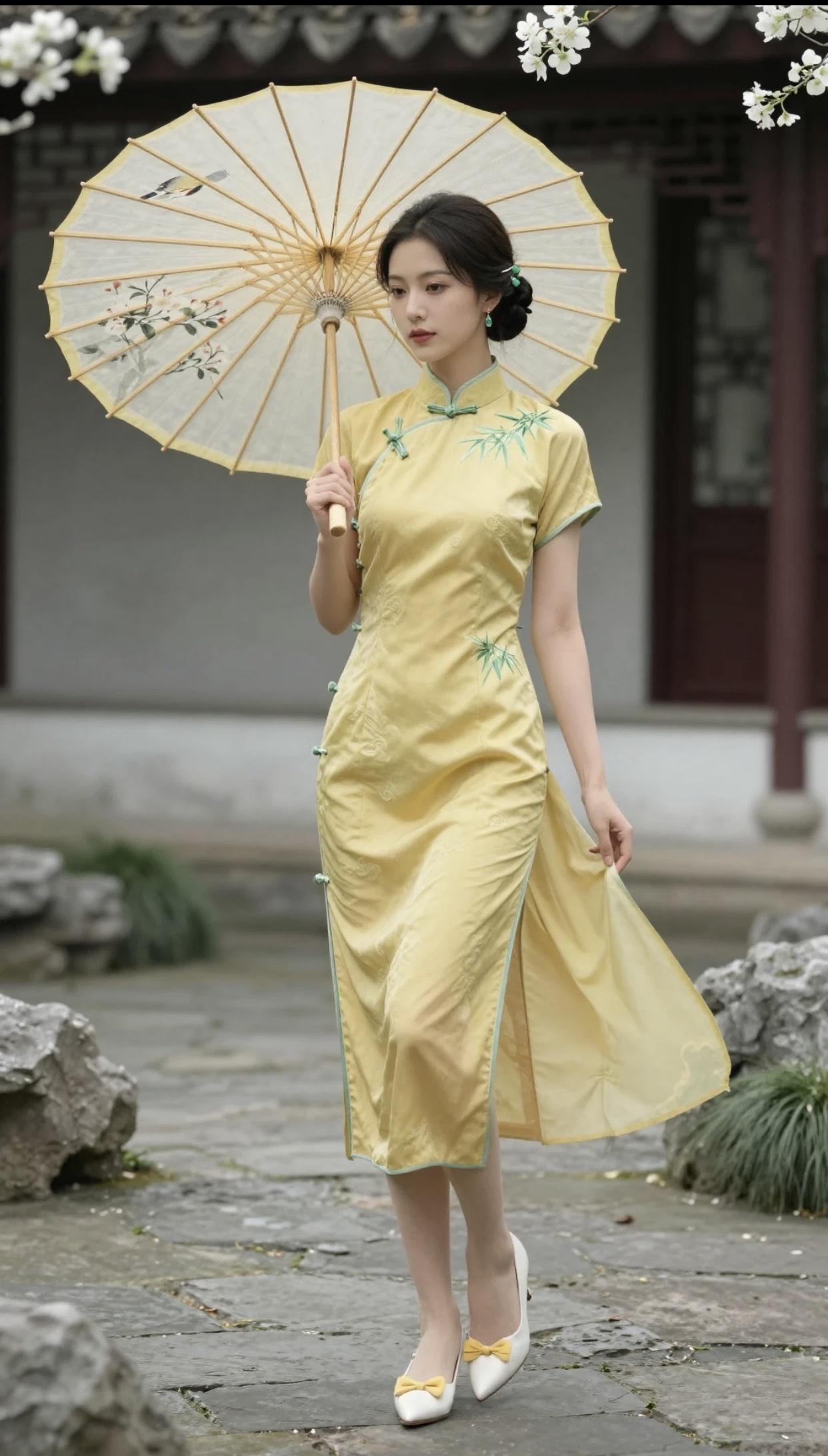 古典雅致，黄衣美人撑伞漫步，古风韵味十足。黄衣少女的春景国风撑伞写真