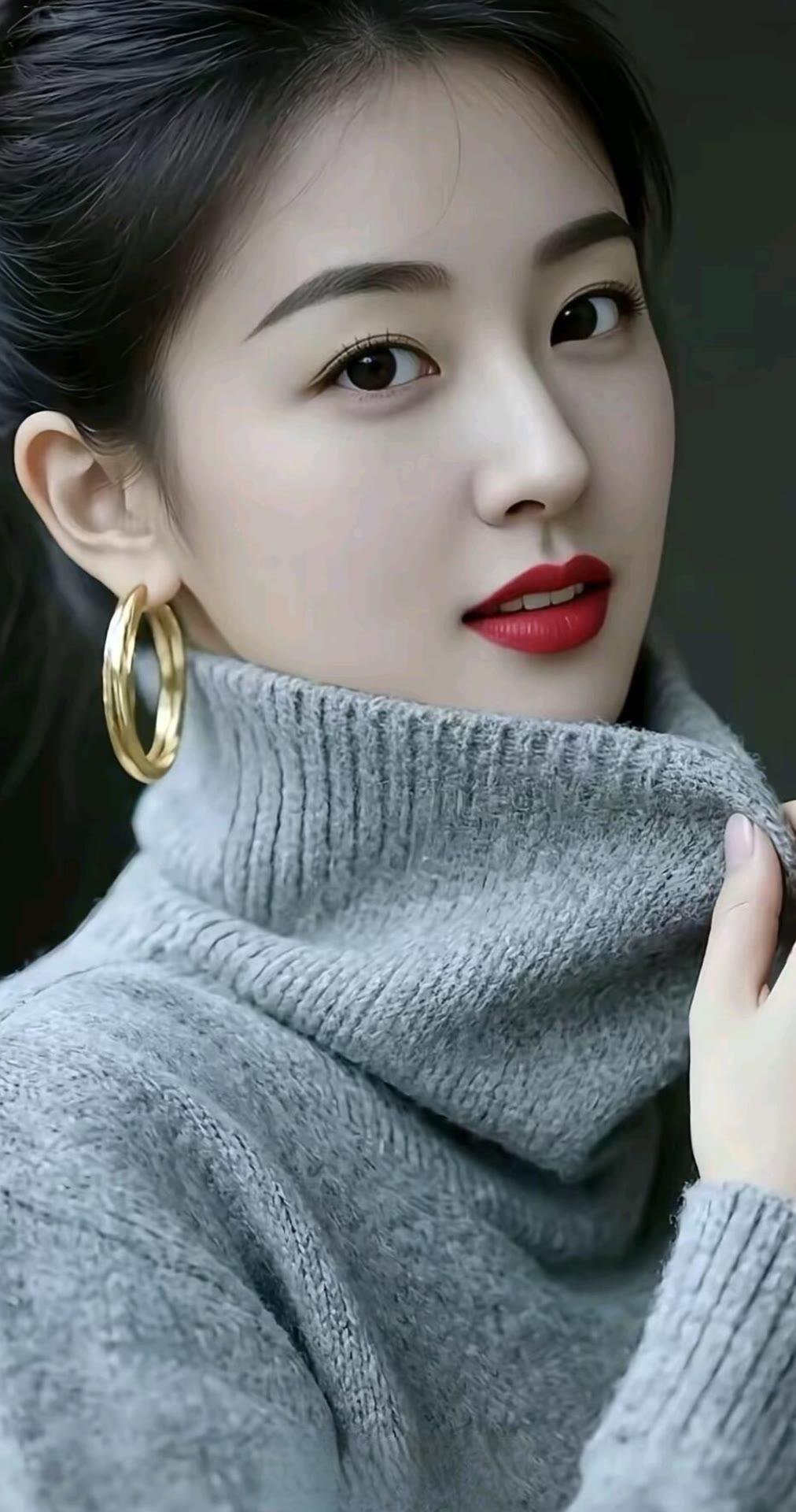 温柔冬日穿搭，灰色毛衣搭配金色耳环，尽显优雅气质。