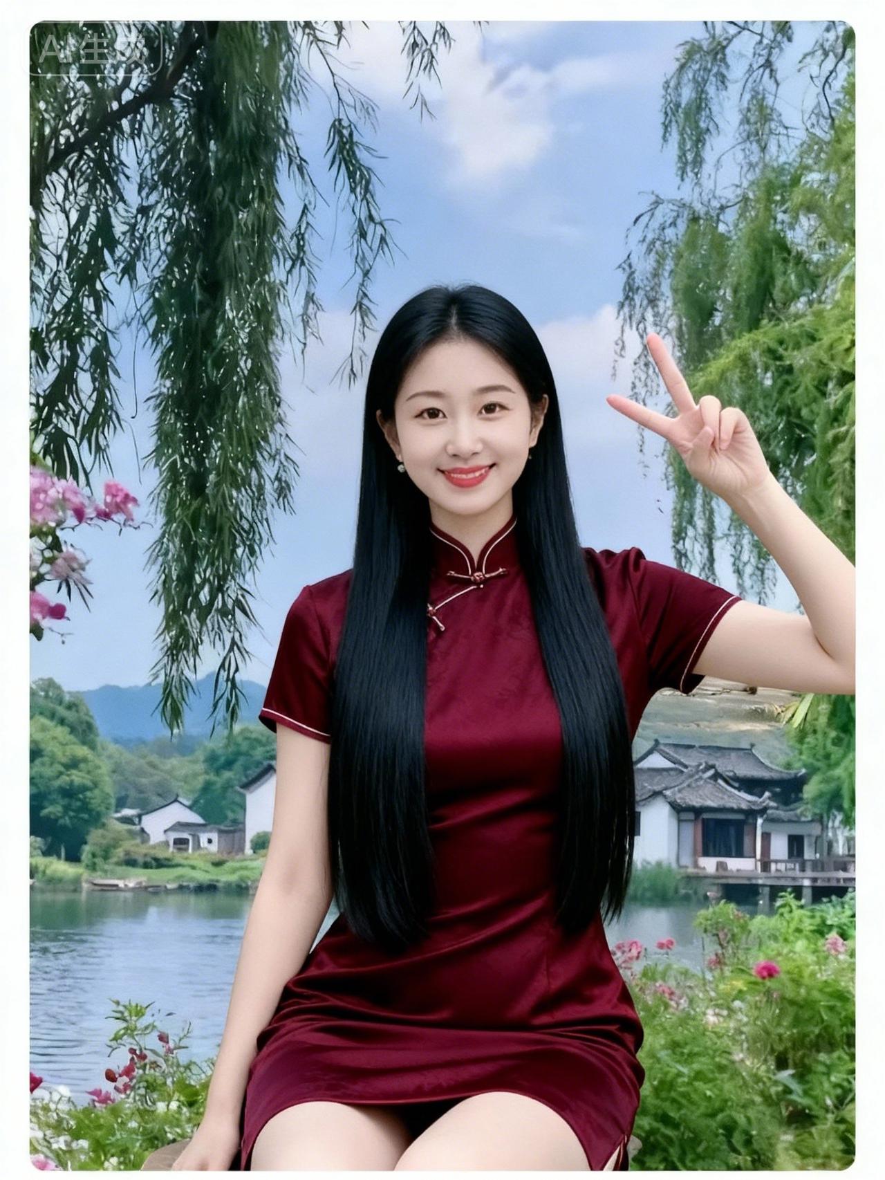 红衣美人倚柳，笑语如花。