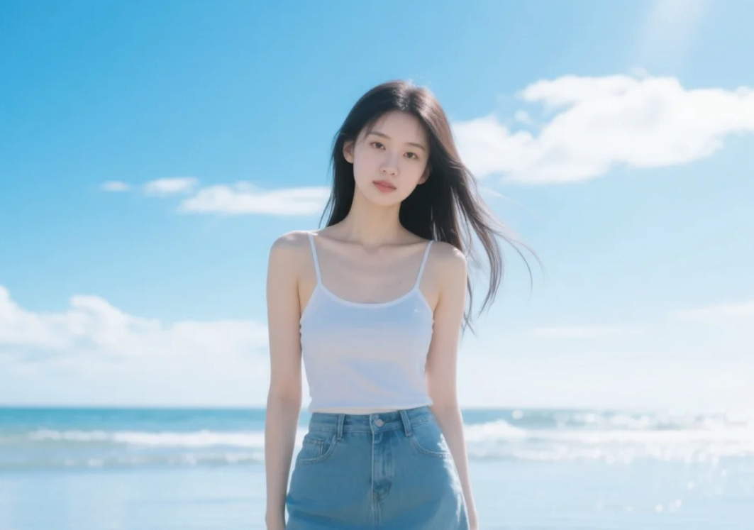 她穿着比基尼站在海边，美得恰到好处