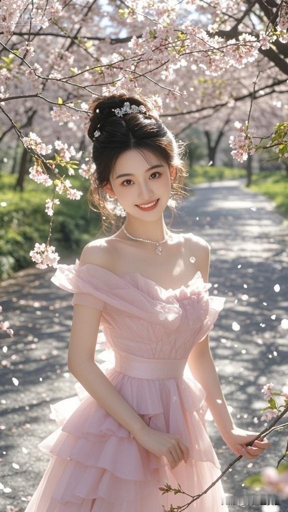 樱花树下，少女微笑，春日浪漫
