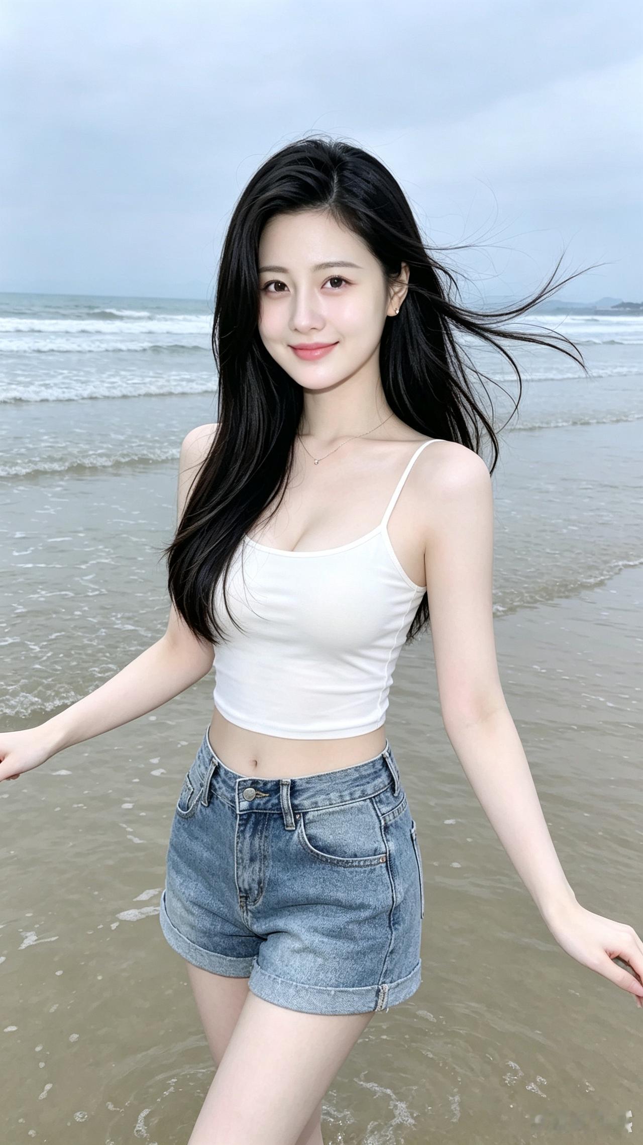 海边女孩穿白色背心和牛仔短裤。