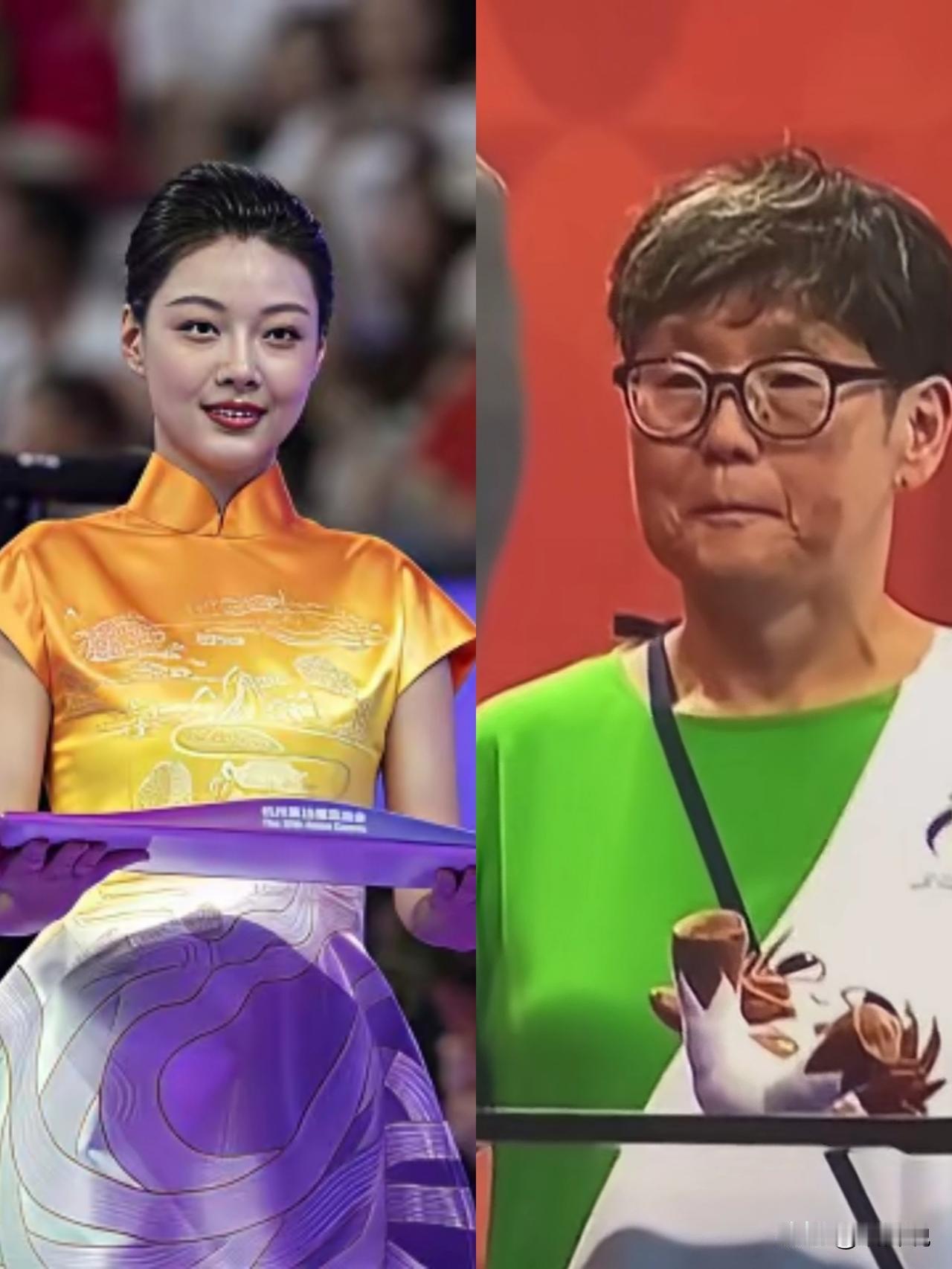 同样是亚运会托盘的志愿者，杭州亚运会小姐姐一身金黄色贵气逼人的旗袍，幸福开心自信