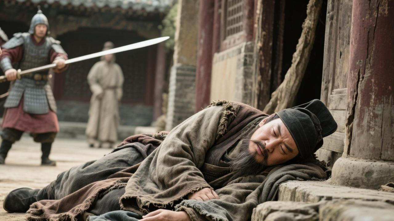 朱元璋路过一破庙，见一乞丐睡觉姿势如卧虎，朱元璋大惊，立刻拔剑对侍卫说：快杀了他