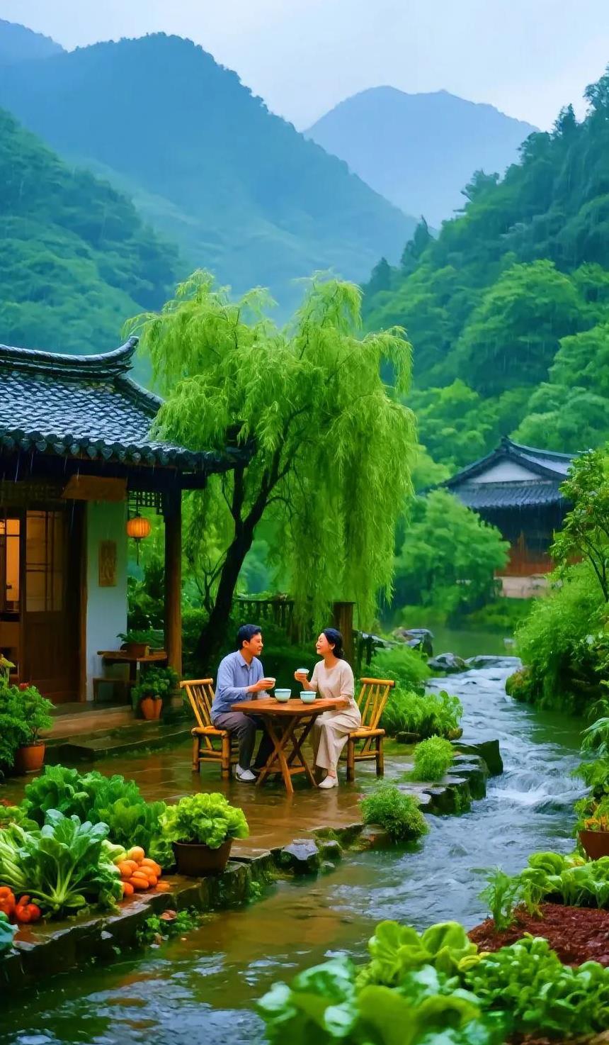 七绝·溪边人家盈温馨文/方立新溪边瓦屋灯光亮，柳翠山青水碧清。两口情深盈