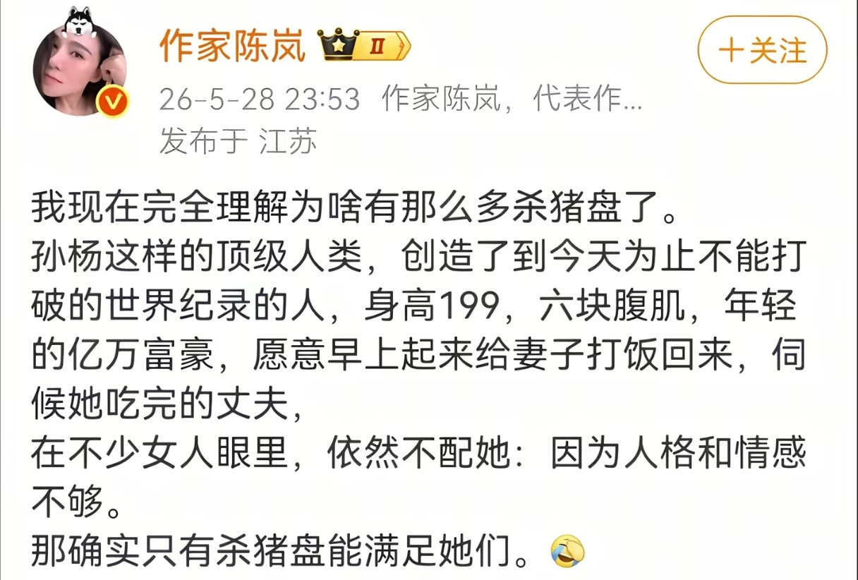 作家陈岚：我现在完全理解为什么会有那么多杀猪盘了。