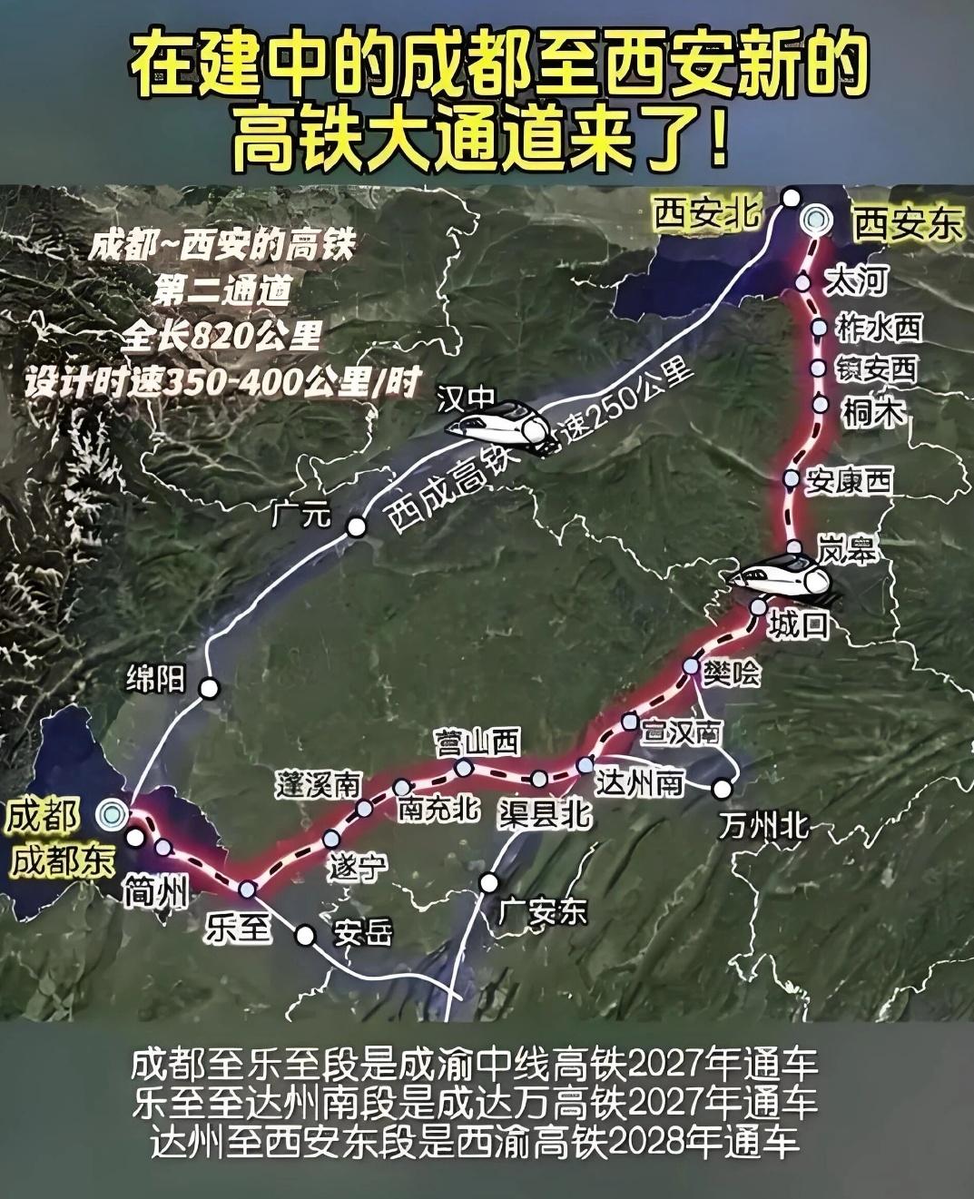 西渝高铁加成南达万高铁组成的西成高铁第二通道，全程350公里时速，将会形成新的高