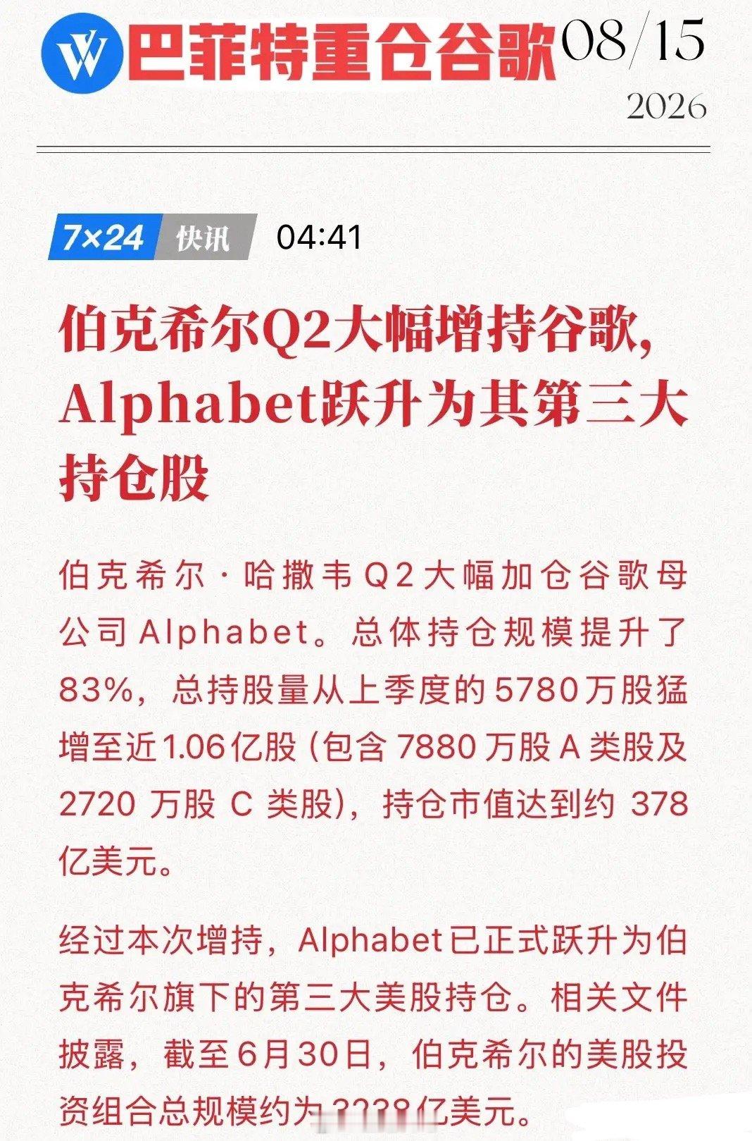 378亿美元重仓谷歌！巴菲特大出手，价值投资在AI时代已经彻底变了美东时间8月1