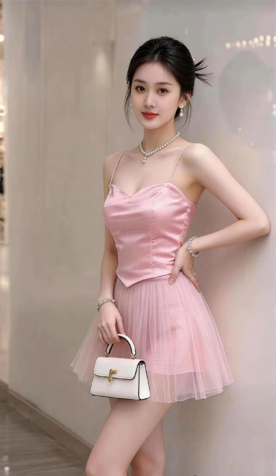 甜美粉色连衣裙，搭配珍珠项链和手提包，优雅气质满分！💕✨分享女神级美照