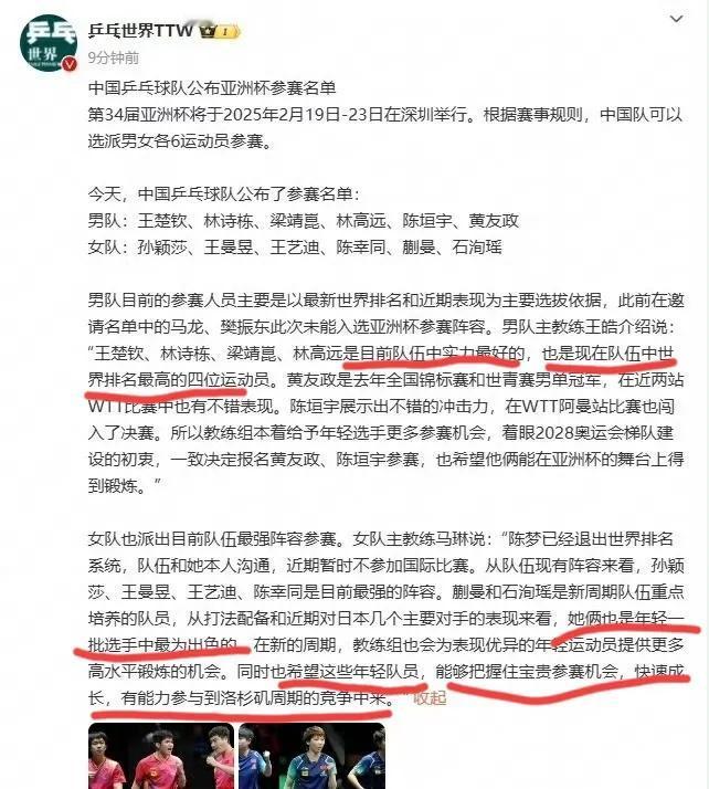 乒乓球队亚洲杯的名单出来了让我万万没有想到的是国乒男队主教练是王皓，队员名