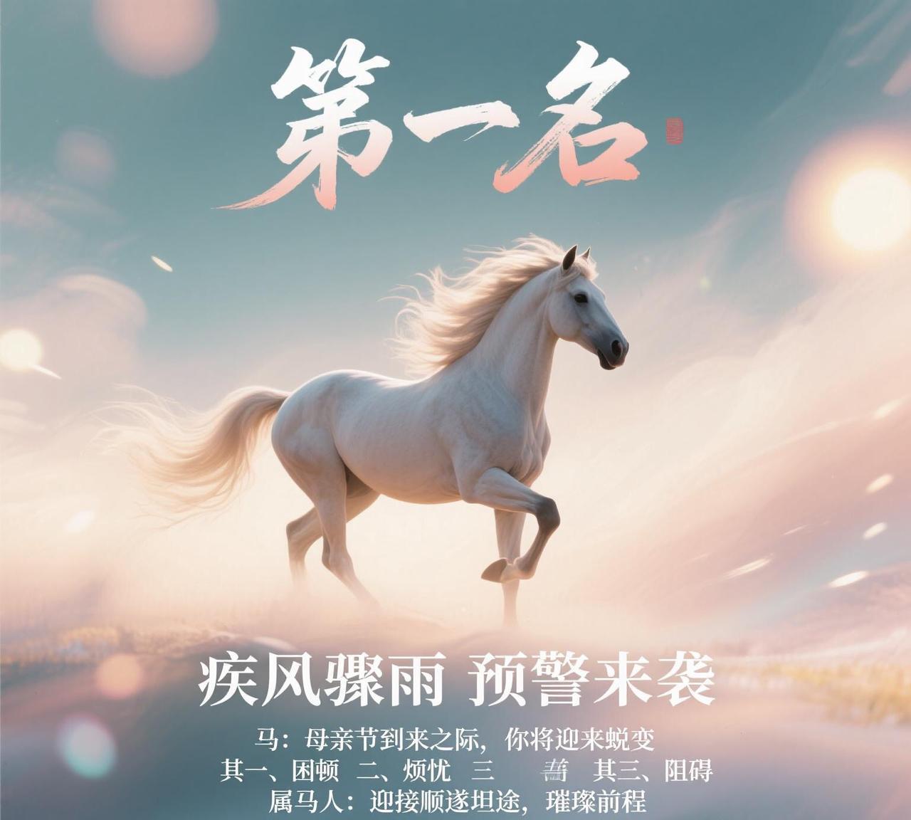 第一名：生肖马马：母亲节到来之际，你将迎来蜕变马：其一、困顿马：其二、烦忧