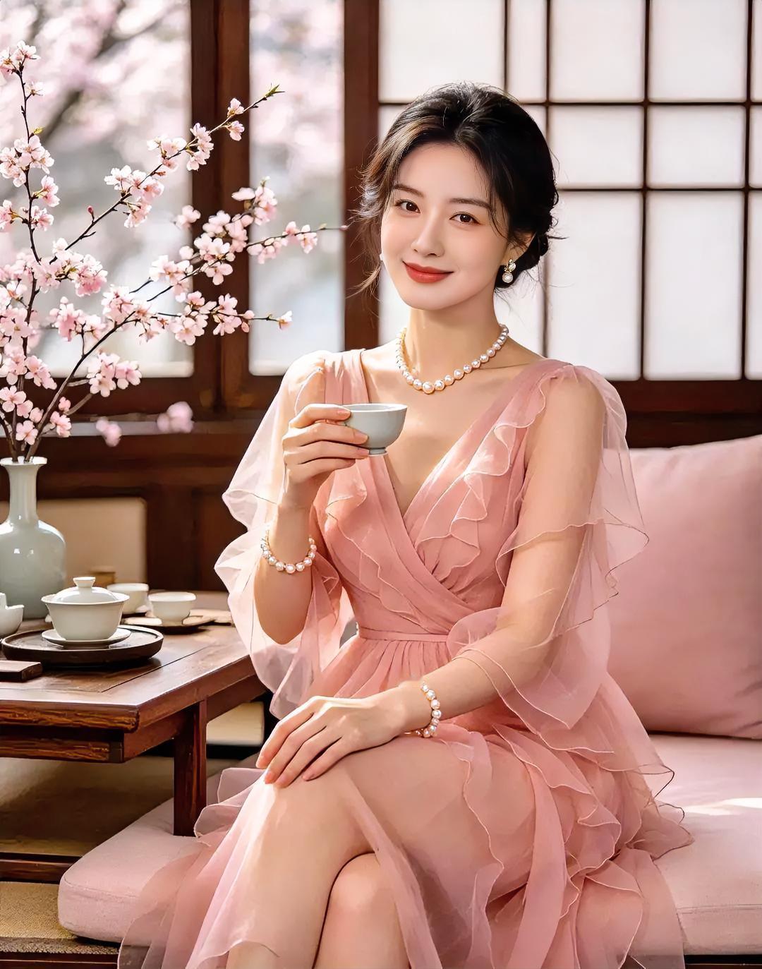 粉裙轻如云，茶烟绕指温。樱花斜入窗，珍珠缀晨昏。浅笑对光坐，
