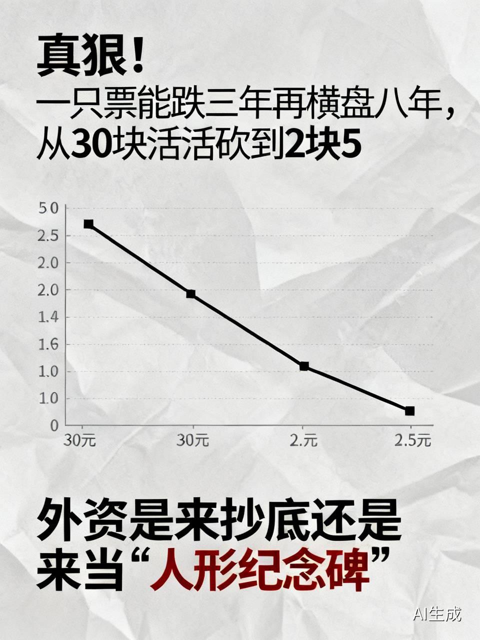 真狠！一只票能跌三年再横盘八年，从30块活活砍到2块5，这走势放A股也算号人物了