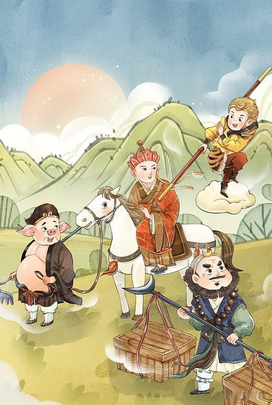📖西游记师徒四人插图-唐僧：头戴僧帽，身披袈裟，骑白龙马，手持锡杖，一