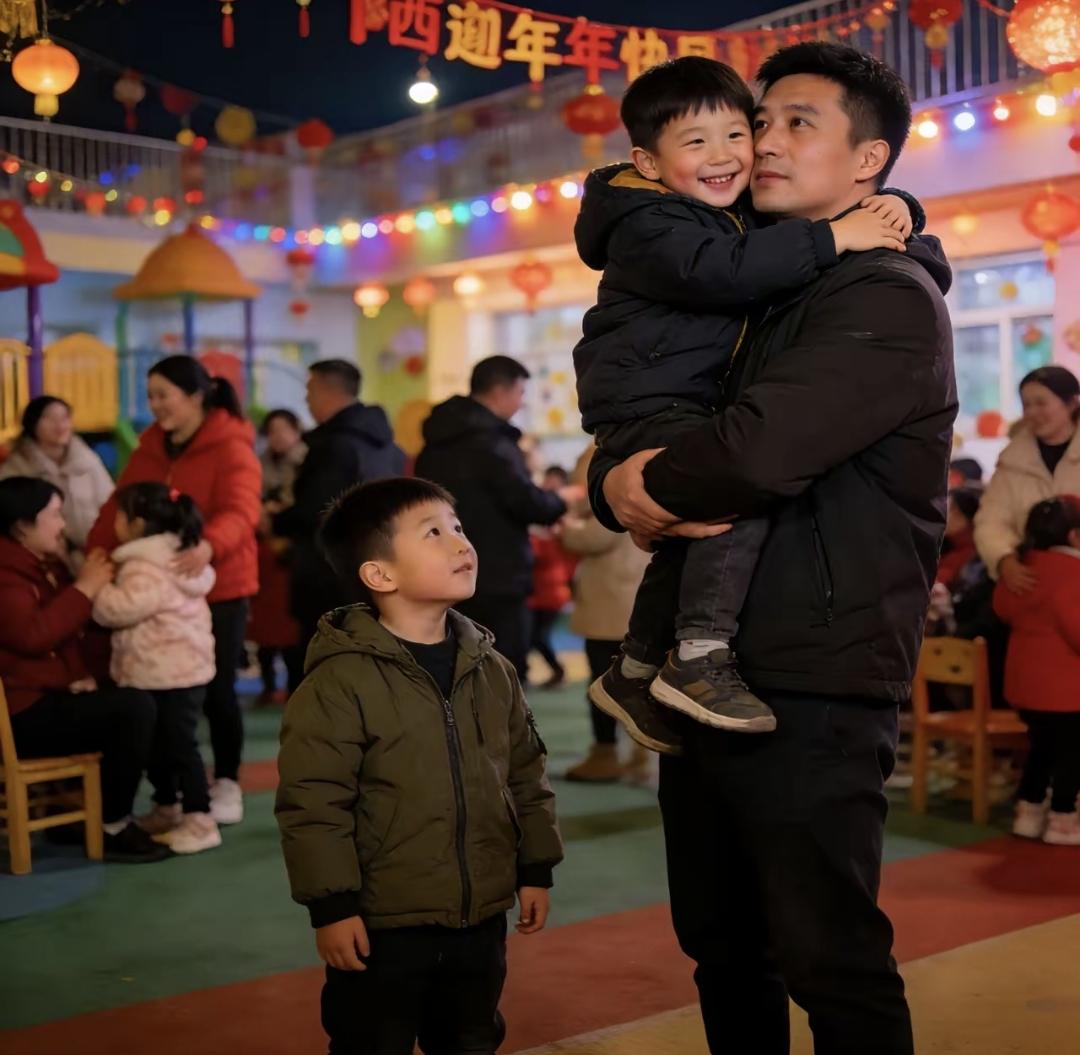 前些天西安一个幼儿园搞跨年亲子活动，有个爸爸正举着自家儿子玩，看见旁边一个小孩孤