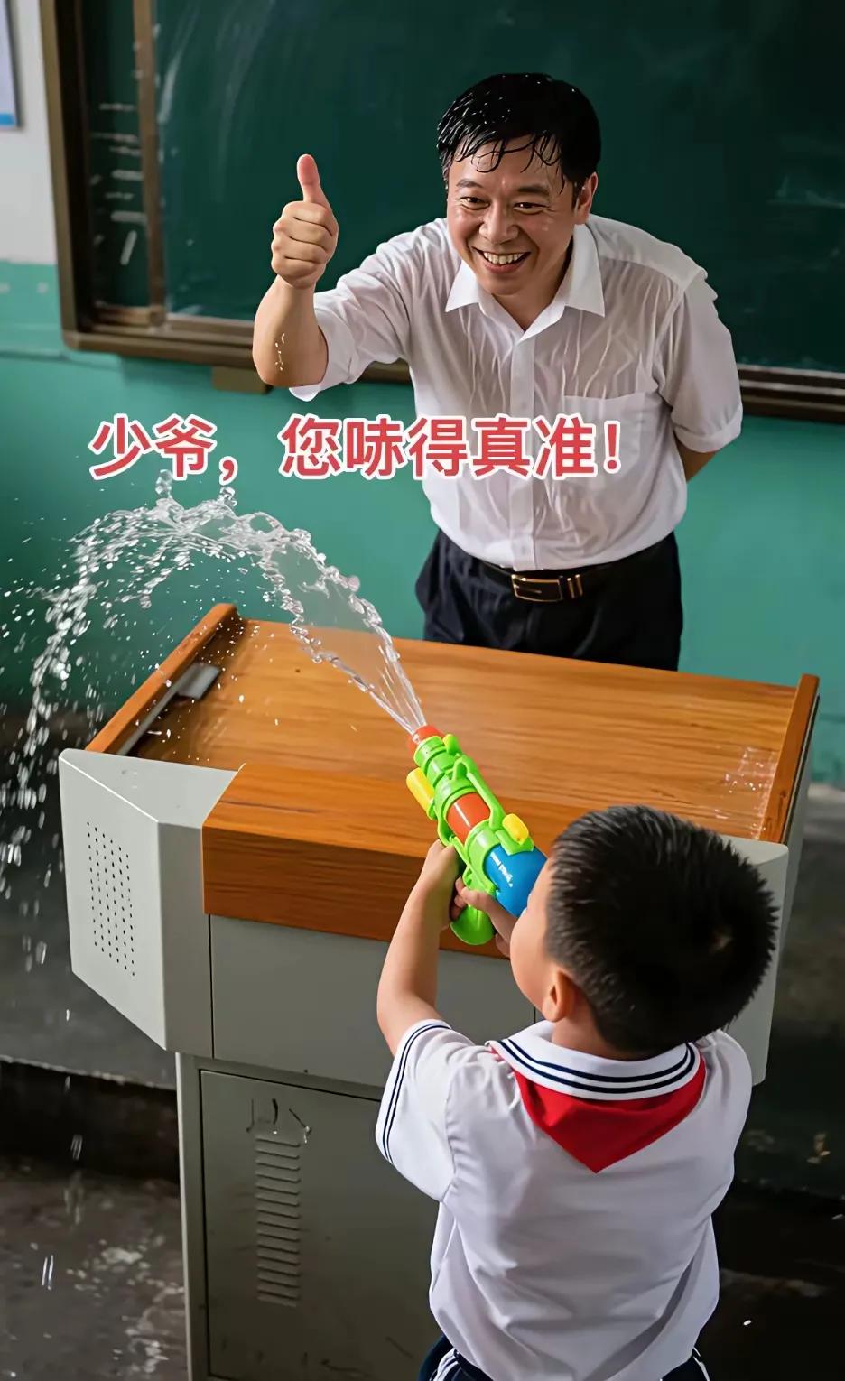 看下图多么的讽刺学生拿水枪哧老师老师还要鼓励学生哧的真准作为老师听我一句