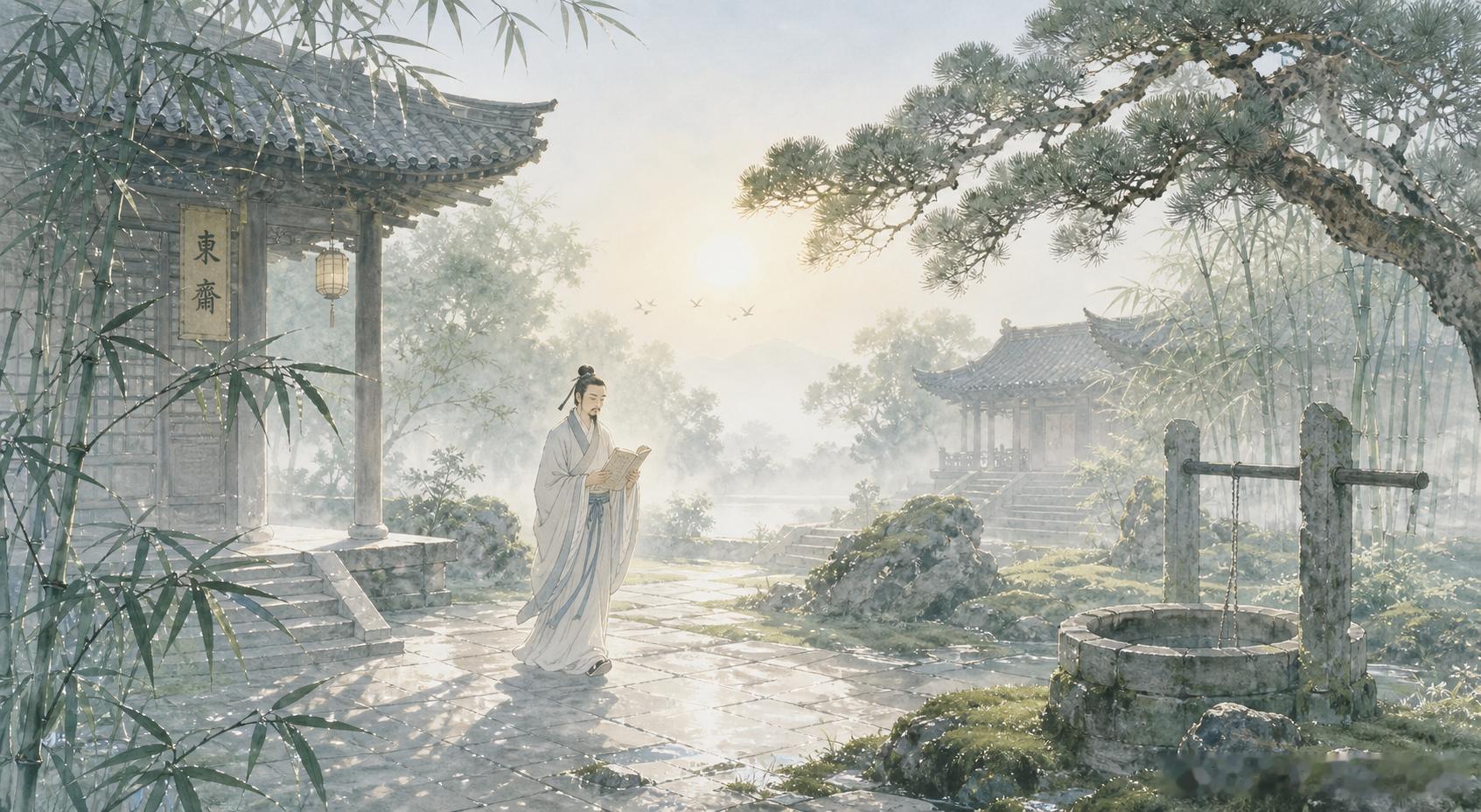 柳宗元《晨诣超师院读禅经》汲井漱寒齿，清心拂尘服。闲持贝叶书，步出东