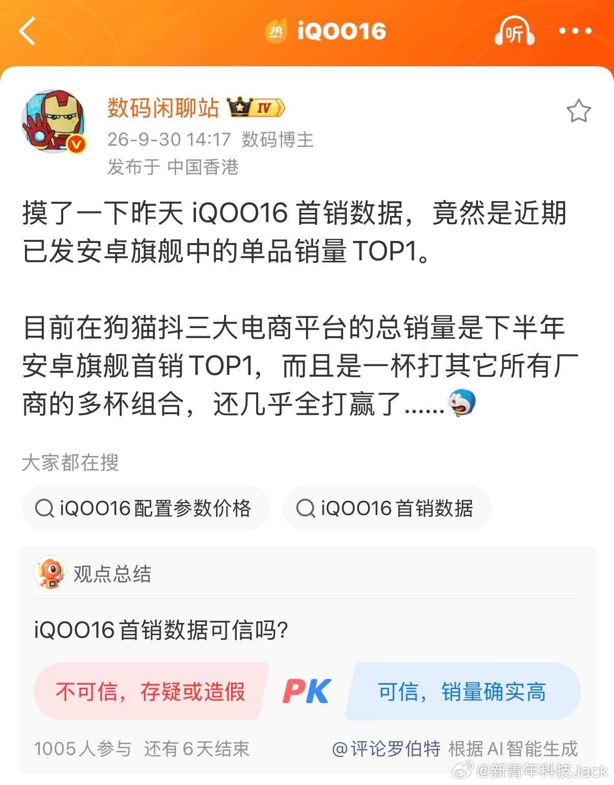 iQOO16销量卖爆了！直接拿下单品销量TOP1我自己去电商平台上看了一下，确