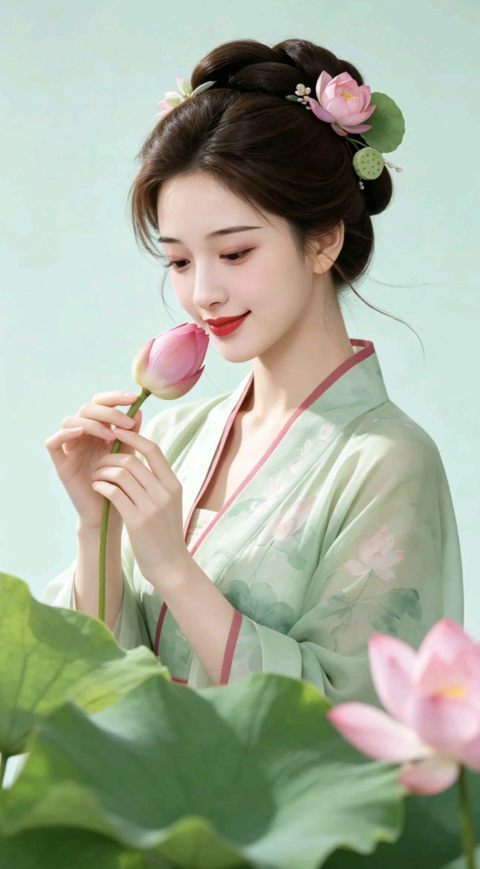 粉嫩荷塘仙子，轻盈纱衣，含笑捧花，宛如画中人。